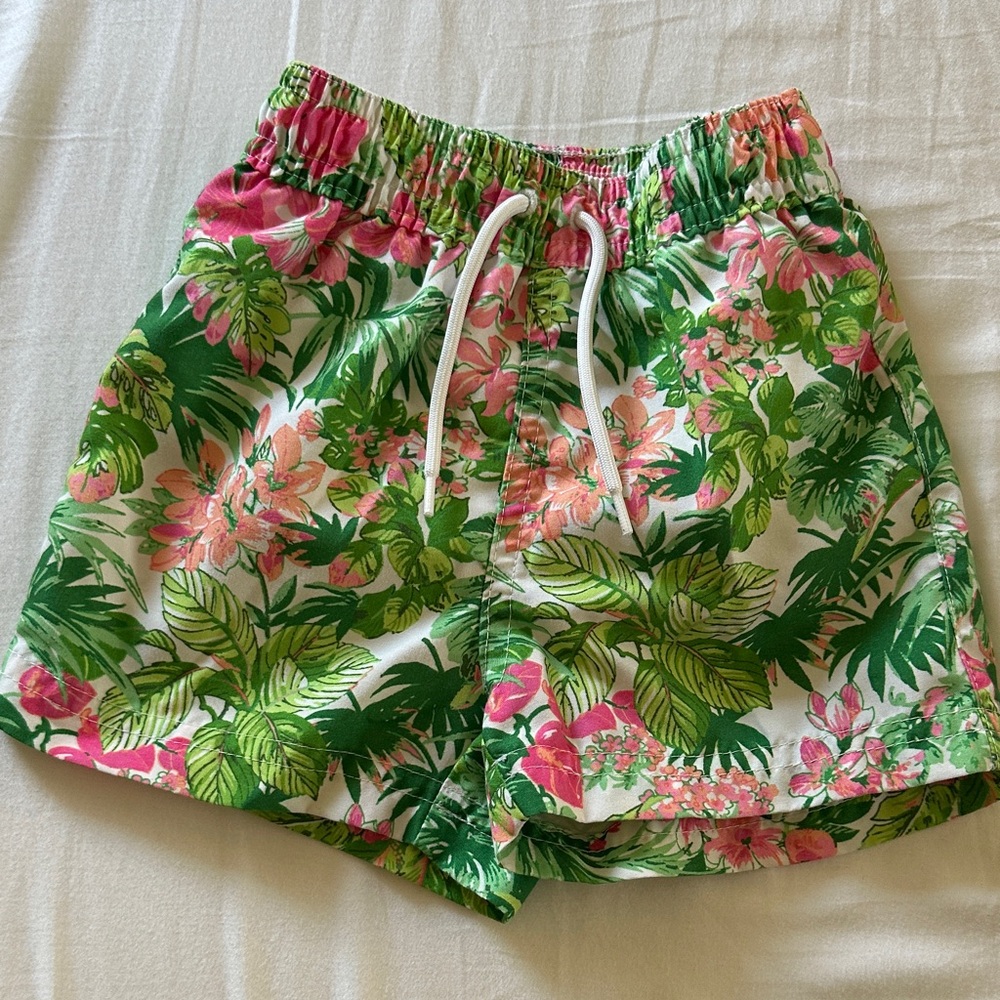 Janie and Jack Tropical Floral Swim Trunks in Green and Pink